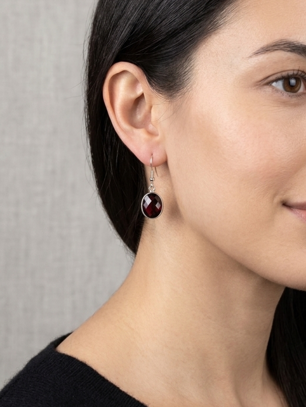 925 Silver Drop Earrings with Deep Red Garnet Faceted Gemstone